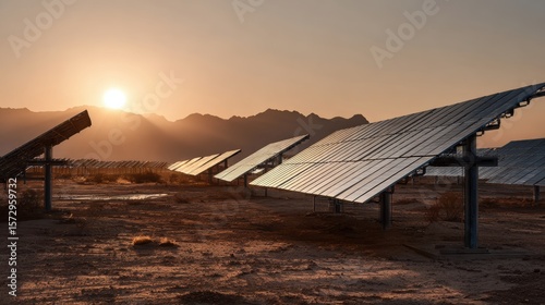 Solar panels in desert with mirrored sunrise photo