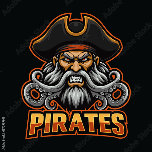 Pirates Mascot Team Logo Featuring Skull with Hat, Eye Patch, and Crossed Swords
