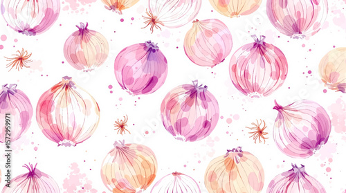 Pastel Watercolor Garlic and Onion Bulbs Pattern for Culinary and Home Decor