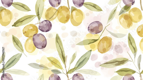 Soft watercolor olives with delicate green leaves, creating a calm, natural pattern inspired by Mediterranean landscapes and organic beauty