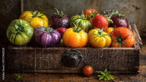 A beautiful arrangement of heirloom tomatoes in various colors and sizes, with water droplets, on a vintage wooden crate, fresh from the garden.