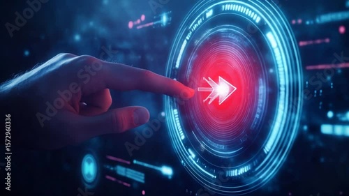 Finger touches a glowing red arrow inside a blue circular technology interface