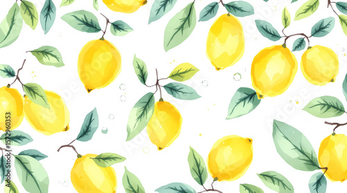 Fresh watercolor lemons with soft green leaves, creating a bright and uplifting pattern full of sunshine and natural citrus charm