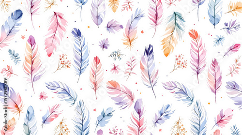 Elegant watercolor feather pattern arranged delicately on clean white background