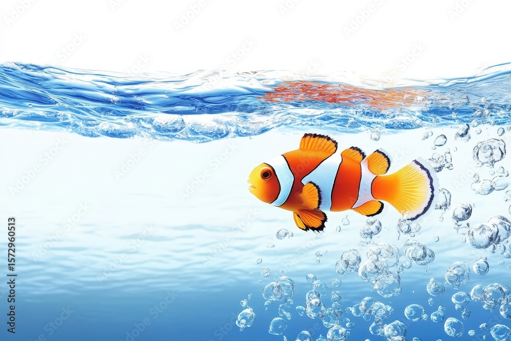 Naklejka premium Clownfish swimming gracefully in clear blue water with bubbles rising around it, Clownfish swimming in the water