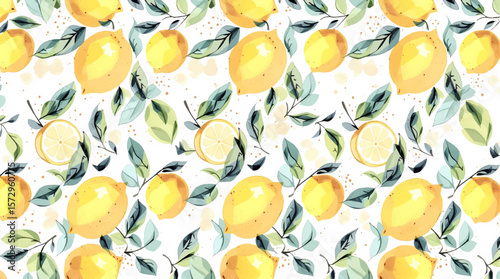 Fresh watercolor lemons with soft green leaves, creating a bright and uplifting pattern full of sunshine and natural citrus charm