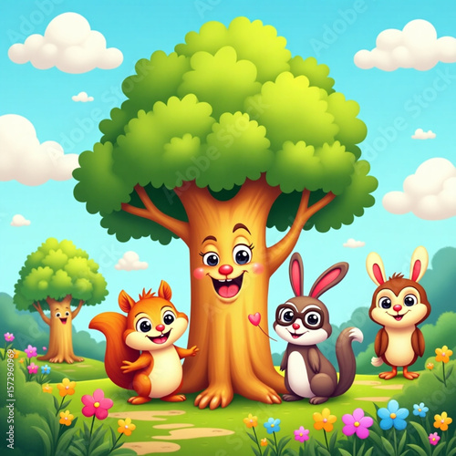 Smiling Cartoon Tree Surrounded by Happy Forest Animals