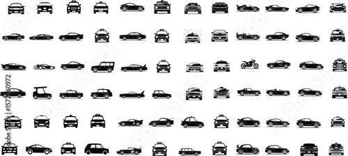 Monochrome Vehicle Icon Set – Minimalist Silhouettes of Classic Cars, Modern Vehicles, Trucks, Buses, and More in Row Layout
