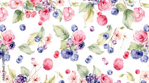 A graceful mix of blueberries and pink flowers in watercolor style, forming a light, elegant design with a soft botanical feel