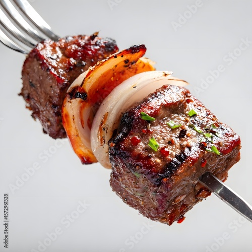 Close-up of a delicious beef kebab with grilled onions and herbs on a fork, against a neutral background