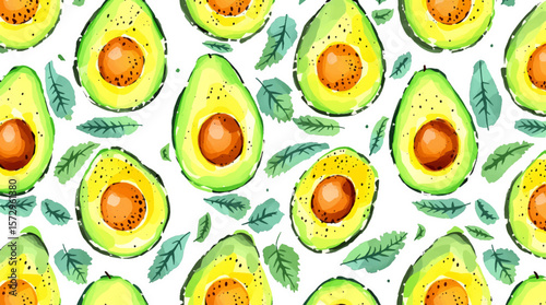 Bright watercolor avocados with leafy accents scattered across a light background, creating a fresh, vibrant pattern full of healthy appeal