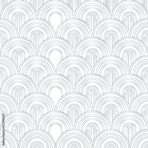 White and grey seamless art deco fan pattern with textured lines scallop