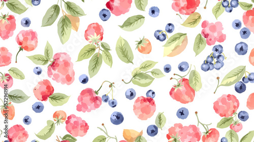A seamless Easter pattern featuring colorful eggs decorated with fresh strawberries and mixed berries on a white background