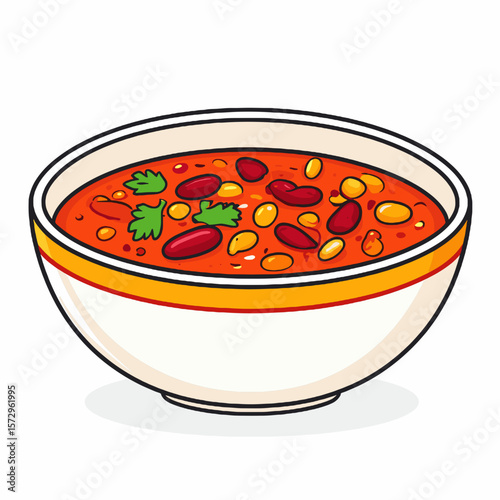Bowl of Hearty Chili with Kidney Beans Corn and Cilantro in a White Bowl with a Yellow Stripe