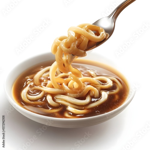 Delicious bowl of noodles being lifted with a fork, showcasing rich sauce and inviting texture