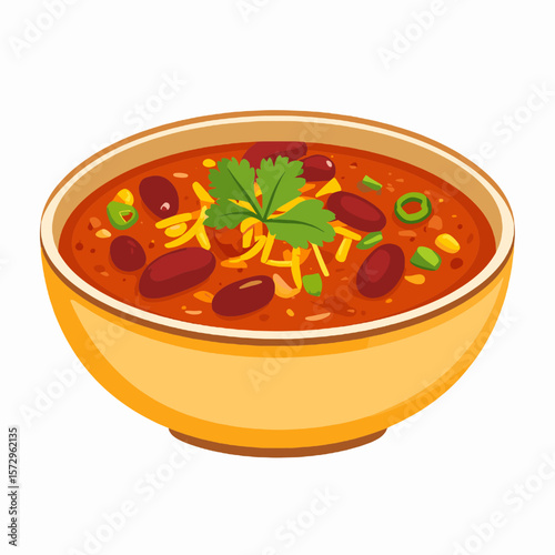 Bowl of Red Chili with Beans and Shredded Cheese Garnished with Parsley and Green Onions Presented in Yellow Bowl on Isolated White Background