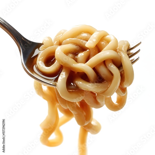 Close-up of a fork holding tangled noodles against a white background, showcasing deliciousness