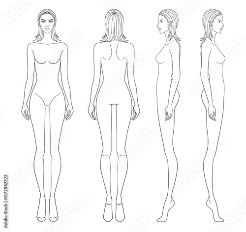 Fashion outline sketch croquis figurines front side back view with short hair woman in vector.