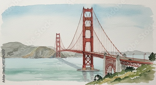 Watercolor painting of the Golden Gate Bridge in San Francisco Bay area