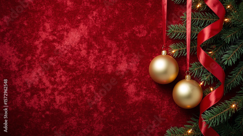 Traditional festive background: dark red velvet, golden Christmas balls on satin ribbons, fir branches and twinkling lights. Elegant design with free space for text is suitable for congratulations.