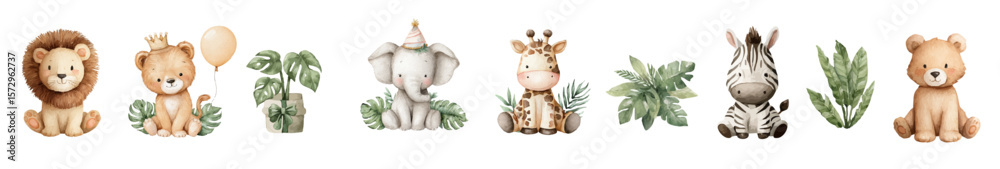 Fototapeta Vector  watercolor illustrations, jungle animals set. Collection of clip art elements, ready to print. Perfect for banners, decoration, patterns, stickers, invitation, card
