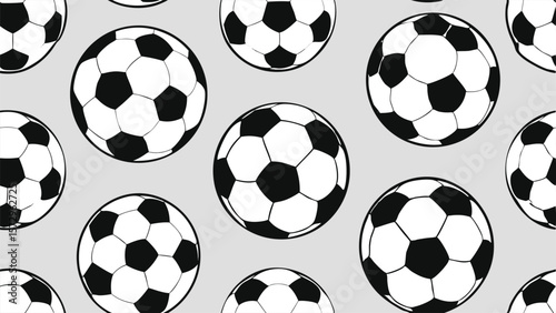 Black and white soccer balls pattern on a light gray background football sport