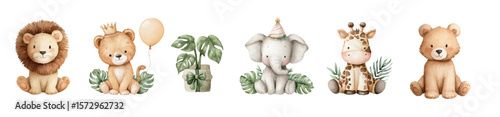 Birthday vector collection, jungle animals set, vector, watercolor illustrations. Vector clip art elements, ready to print. Perfect for banners, decoration, patterns, stickers, invitation, card