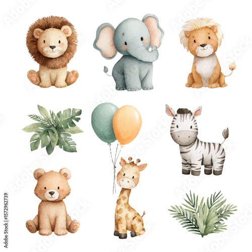 Vector jungle animals set, watercolor illustrations. Vector clip art elements, ready to print. Perfect for banners, decoration, patterns, stickers, invitation, card