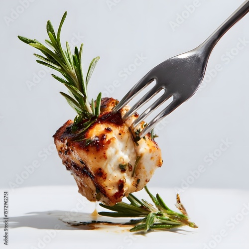 Grilled chicken piece on a fork with fresh rosemary against a plain background, showcasing a culinary delight