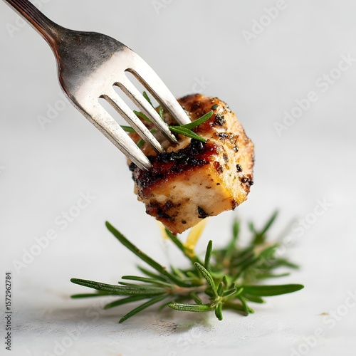 Grilled chicken piece on a fork with fresh rosemary, showcasing a rustic kitchen background