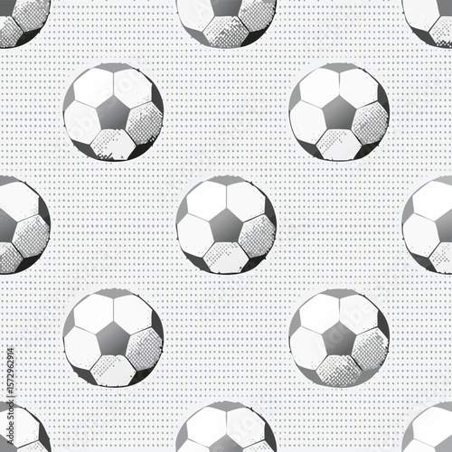 Seamless pattern of soccer balls with halftone texture on dotted background football