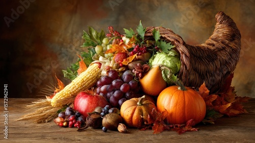 A beautiful cornucopia overflowing with autumn harvest vegetables and fruits, on a wooden table, Thanksgiving centerpiece.