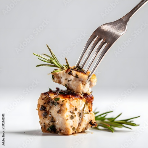 Deliciously grilled herb-infused chicken piece being lifted with a fork, garnished with rosemary