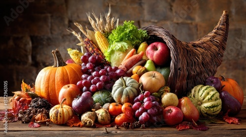 A beautiful cornucopia overflowing with autumn harvest vegetables and fruits, on a wooden table, Thanksgiving centerpiece.