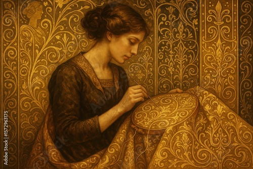 Art nouveau embroidery masterpiece with elegant golden patterns