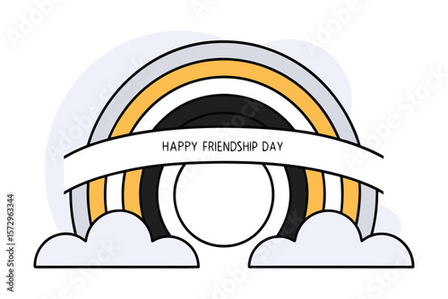 A stylized rainbow with muted colors and fluffy clouds frames the text happy friendship day in a simple graphic