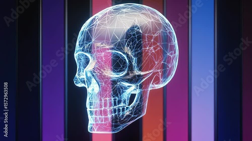 Glowing Low Polygon 3D Skull Model Against Colorful Backgrounds Showcasing Modern Art Style