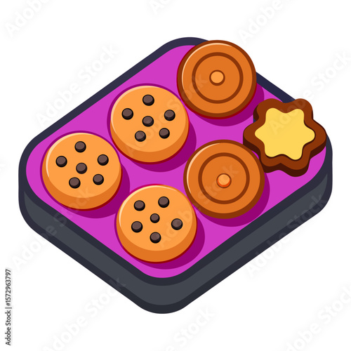 Assorted cookies in a purple tray chocolate chip cookies round cookies star cookie