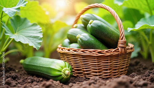 Rustic wicker basket filled with fresh green zucchini resting on rich garden soil, symbolizing harvest abundance and organic living.