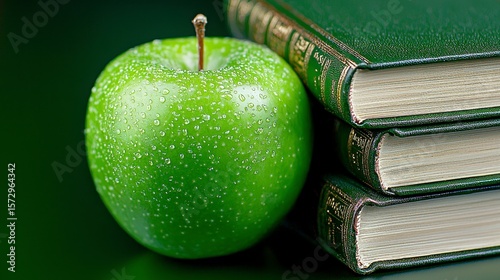 Dewey Green Apple and Stack of Dark Green Books