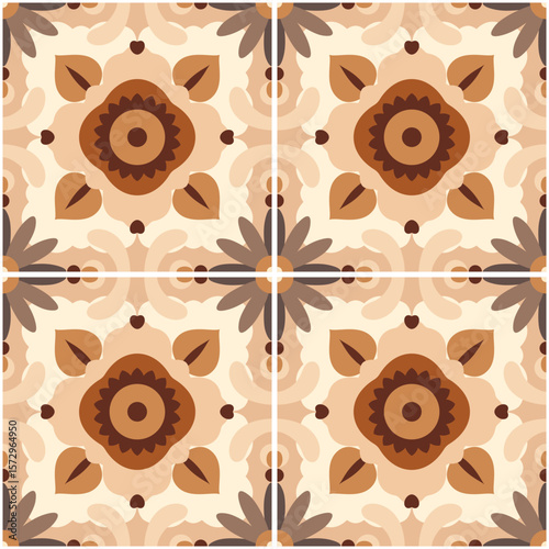 Square tiles with floral and geometrical motifs creating a seamless repeating pattern, ideal for backgrounds and textile design