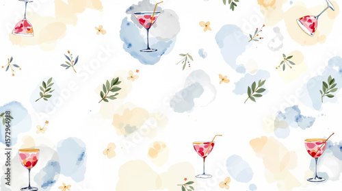 Watercolor illustration of various tropical cocktails with umbrellas and fresh fruit