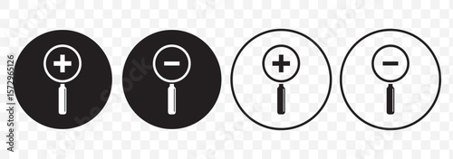 Search Line and Zoom in Icons. Magnifying Glass with Plus and Minus Icon For Mobile and Web Isolated on Transparent Background.