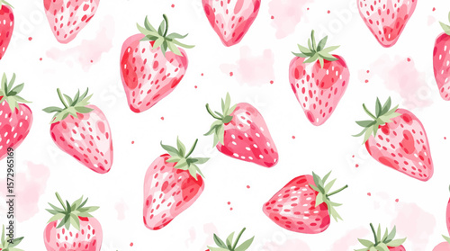 Soft watercolor strawberries scattered across a pastel background, creating a delicate, sweet pattern full of freshness and gentle charm