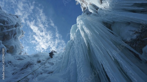 A beautiful, icy stalactite on a frozen cliff face, with the rope of an ice climber just visible, adventure setting. 