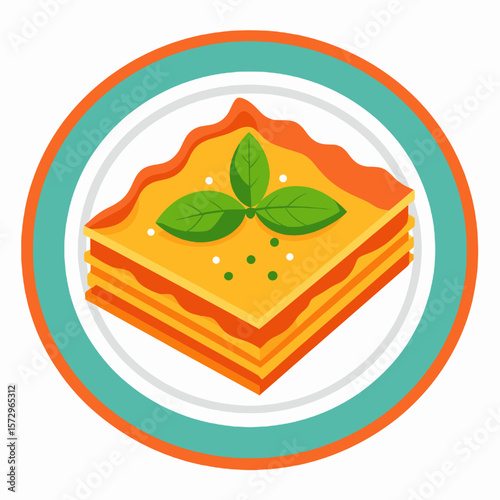 Delicious Lasagna with Basil on White Plate Encircled by Orange and Teal Rings Isolated on White Background