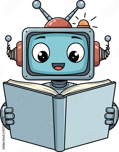 A Cheerful Cartoon Robot Enthusiastically Reading An Open Book Full Of Knowledge And Learning