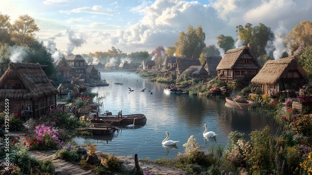 Obraz premium Enchanting Riverside Village with Swans and Lush Scenery