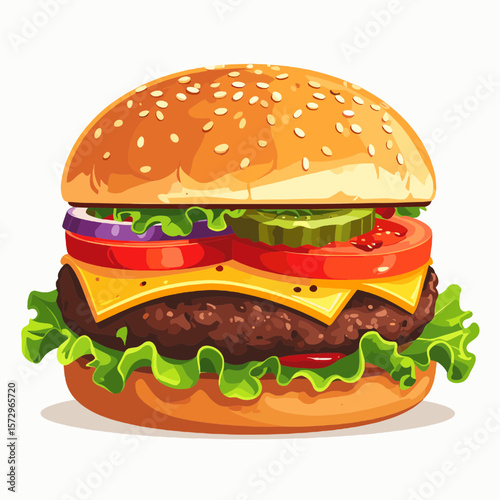 Detailed Burger Illustration with Lettuce Tomato Cheese and Pickles on Sesame Seed Bun on White Background