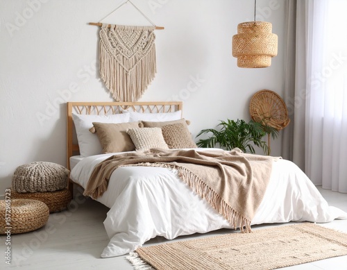 Peaceful Bohemian bedroom featuring a large macrame wall hanging, white bedding, natural wood accents, and woven decor. Ideal for serene home interiors.

